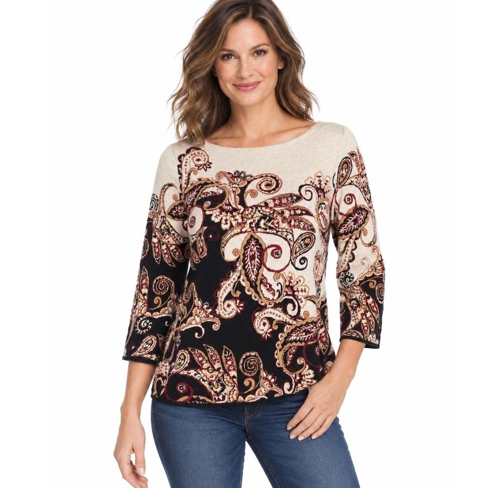 Chico's Paisley Knit Top Cream Black Burgundy Boat Neck 3/4 Sleeve | Size Medium